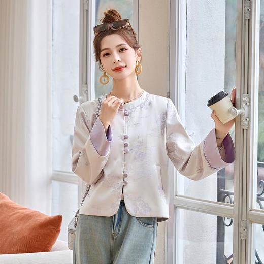 新中式国风提花圆领短外套，宽松百搭洋气拼接袖口上衣HR-YJLY8523A 商品图3