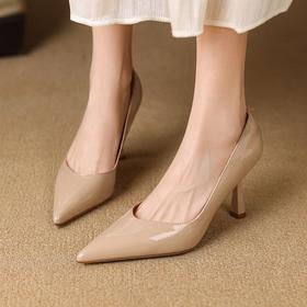 【预售5天】裸色高跟鞋细跟新款春秋漆皮法式尖头浅口百搭职业气质单鞋女SLLK&sl-7877