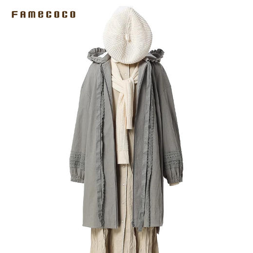 Famecoco范可儿风衣外套花边连帽中长款文艺通勤棉质女FAB6AA007 商品图4