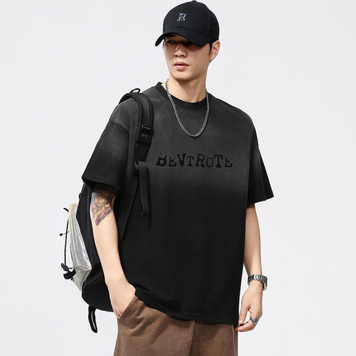 【100%棉】【DQ】大依优型大码男装重磅洗水渐变圆领T恤男宽松潮牌压花短袖半袖夏季新品纯棉上衣 商品图2