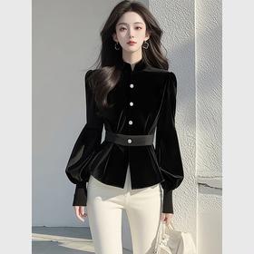 雀说爆款气质黑色丝绒上衣新款小众设计感收腰内搭衬衣AL9481