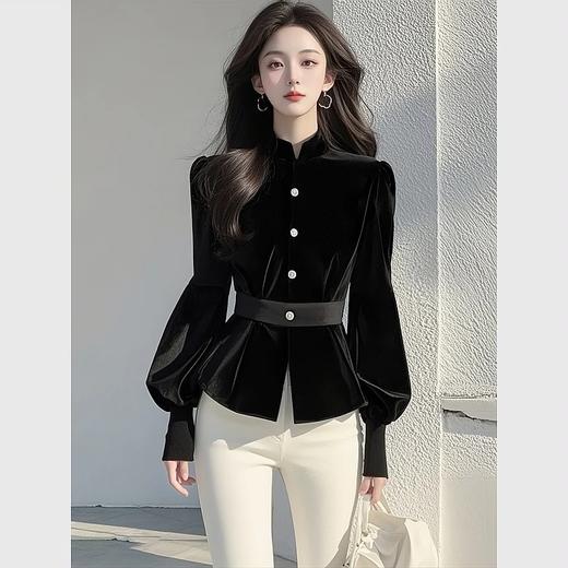 雀说爆款气质黑色丝绒上衣新款小众设计感收腰内搭衬衣AL9481 商品图0
