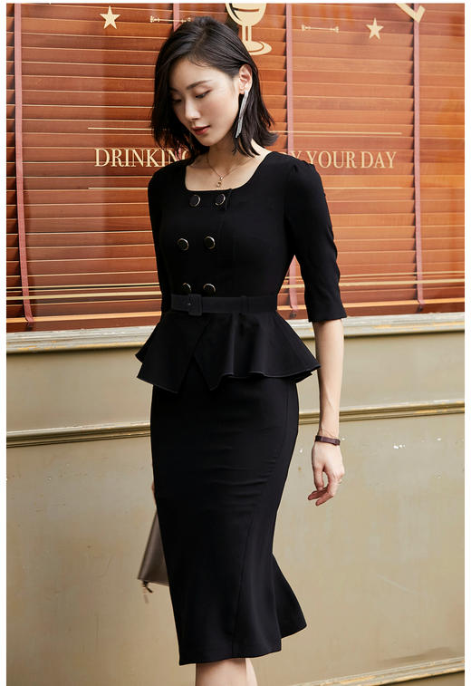 JG21184876T1X7颈袖添香年季女装收腰修身长款气质时尚通勤职业连衣裙 商品图1