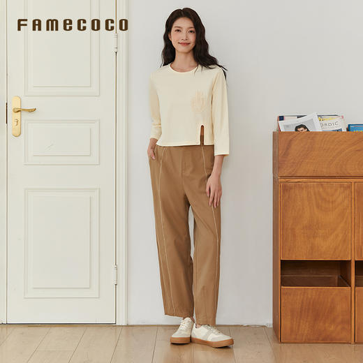 Famecoco文艺范简约立体明线棉质休闲宽松显瘦直筒裤春秋款FAB6GA014 商品图3