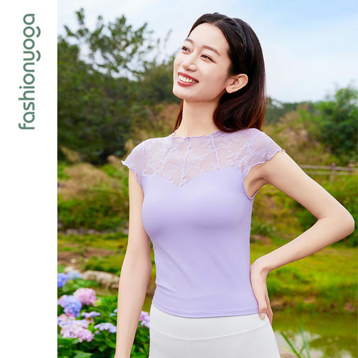 凡圣瑜伽木耳边蕾丝拼接短袖 FC15320 商品图5