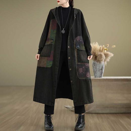 雀说 春秋款外套复古拼接戴帽牛仔外套宽松大版中长款风衣外套5ZF-90 商品图2