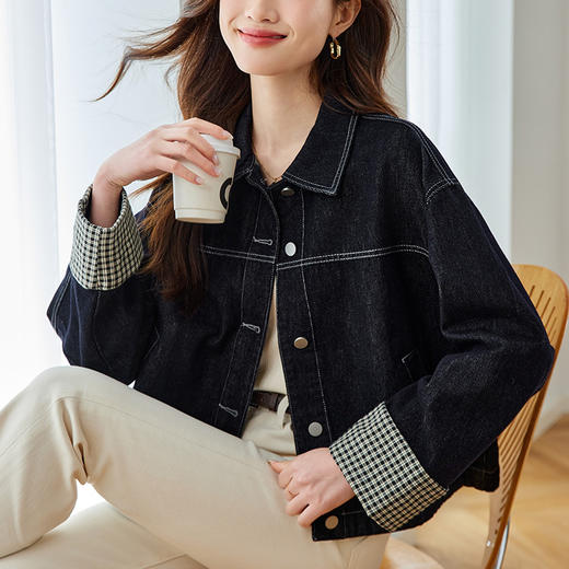 丁摩 设计感格子翻袖牛仔衬衫外套女春秋装上衣小个子衬衣5ZF-51026 商品图1