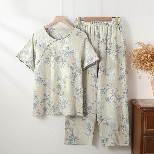 雀说 国风提花纯棉双层纱睡衣女短袖九分裤宽松家居服套装 商品图6
