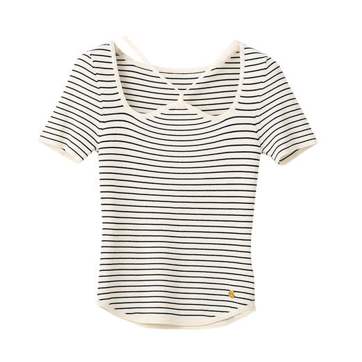 VIMAGE纬漫纪别致百搭系带修身条纹休闲短袖上衣女2025夏季新款V2301906 商品图6