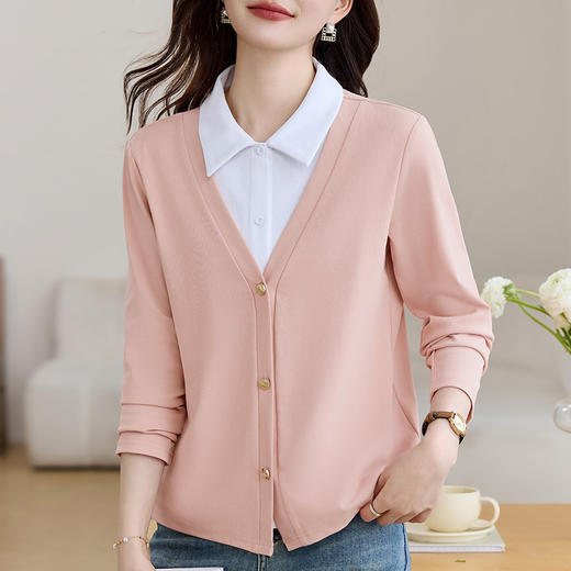 雀说翻领假两件长袖t恤女新款洋气女装polo领正肩上衣打底衫AL10047 商品图0