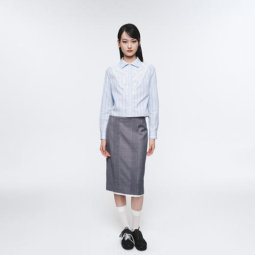 HERLIAN 2025年春季女士灰色打褶设计直筒半身裙 商品图1