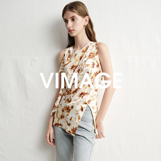 VIMAGE纬漫纪春夏季新款修身打底高级无袖小众设计印花上衣V2313916 商品图1