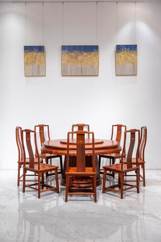 红桥红  家具严选  缅甸花梨（大果紫檀）【150 雕花牙边六角底座 圆餐桌 九件套】 商品图0