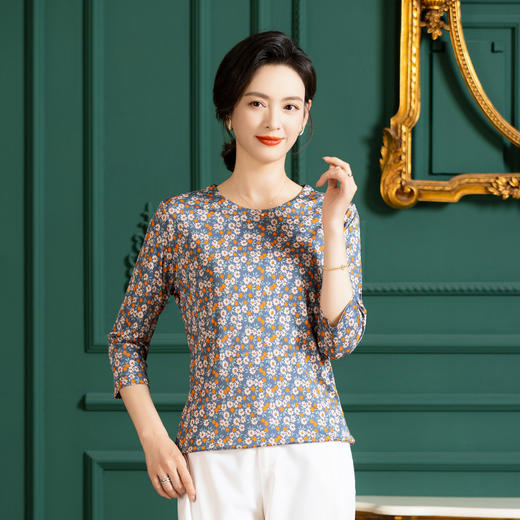 丁摩真丝上衣女洋气青花瓷印花桑蚕丝t恤套头小衫ALF2367-2 商品图3