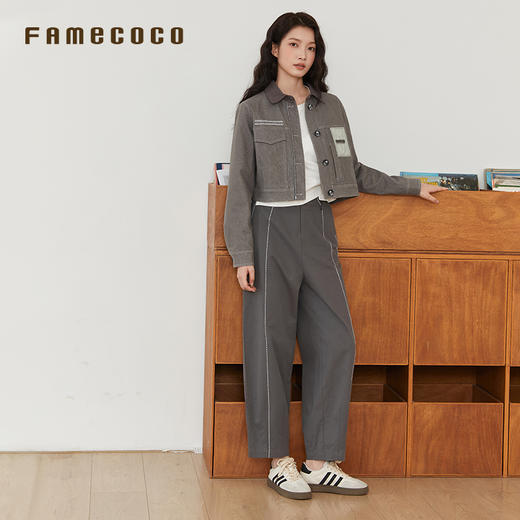 Famecoco范可儿短款外套拼接刺绣翻领通勤FAB6AB001 商品图3