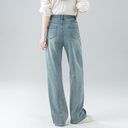 丁摩 浅蓝色复古阔腿牛仔裤女春季新款高腰显瘦窄版直筒拖地裤5ZF-22406 商品图3