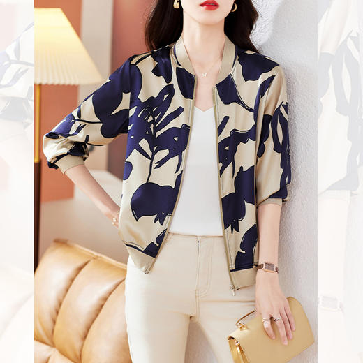 丁摩 重磅真丝短外套棒球服桑蚕丝上衣1085 商品图0