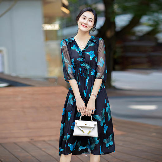 丁摩 春夏新品法式V字收腰气质花边蝴蝶印花短袖连衣裙75232 商品图0