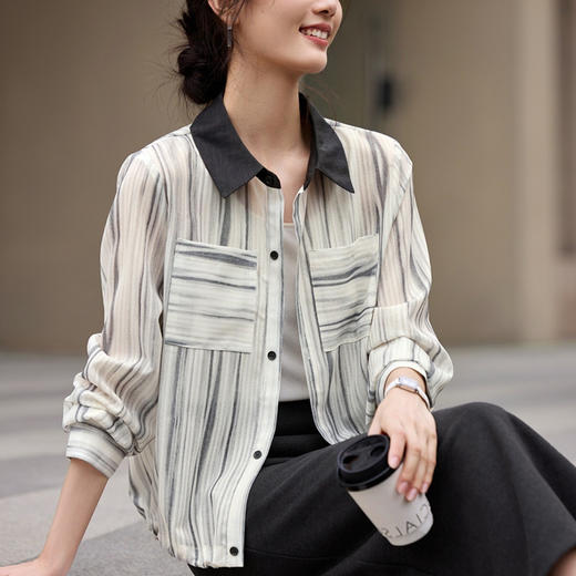 雀说晕染条纹撞色衬衫新款设计感薄款开衫上衣百搭衬衣AL2998 商品图1