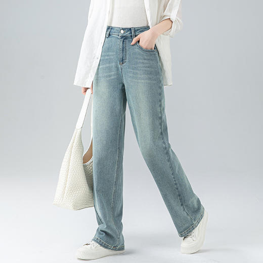 丁摩 浅蓝色复古阔腿牛仔裤女春季新款高腰显瘦窄版直筒拖地裤5ZF-22406 商品图1