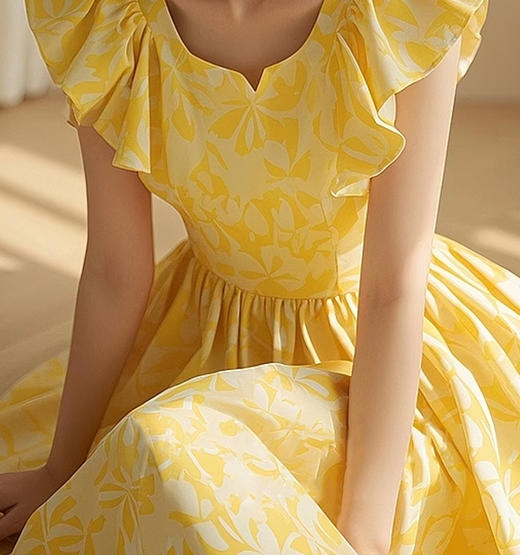 裁缝学苑AS434气质高级感小众设计茶歇法式绝美黄色印花小飞袖连衣裙女 商品图4