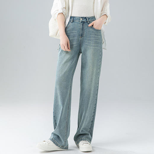 丁摩 浅蓝色复古阔腿牛仔裤女春季新款高腰显瘦窄版直筒拖地裤5ZF-22406 商品图0
