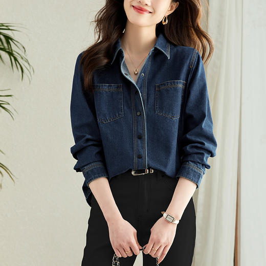 丁摩 小众设计感重工压线牛仔衬衫女气质通勤宽松百搭休闲上衣5ZF-41067 商品图2