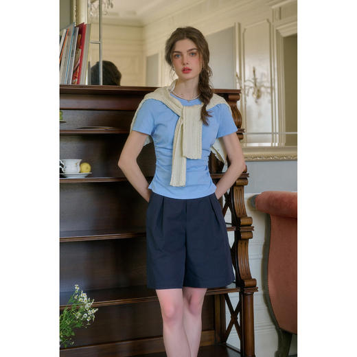 SimpleRetro可可布雷 3色腰部立体收褶短款T恤女圆领百搭显瘦上衣 商品图3