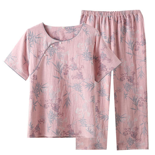 雀说 国风提花纯棉双层纱睡衣女短袖九分裤宽松家居服套装 商品图4