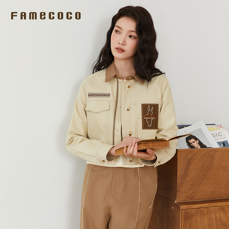 Famecoco范可儿短款外套拼接刺绣翻领通勤FAB6AB001
