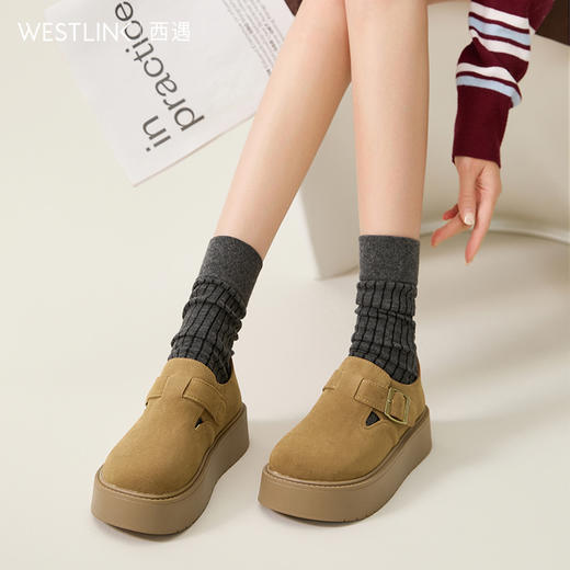 西遇勃肯女鞋新款早春百搭一脚蹬全包休闲复古单鞋增高厚底鞋V0047625 商品图1