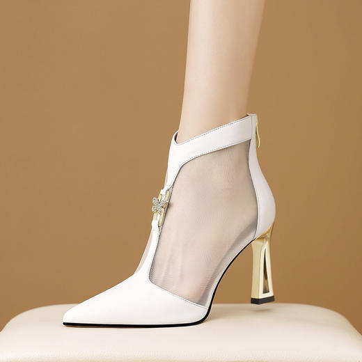 【预售5天】欧美网纱高跟短靴女春夏季单靴子气质尖头真皮后拉链马丁靴HY&H3600 商品图1