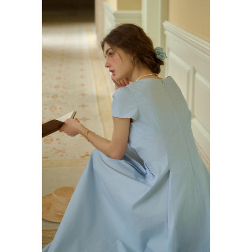 （小眠专属）SimpleRetro夏日海盐蓝 法式通勤小方领连衣裙女极简短袖a字长裙 商品图3