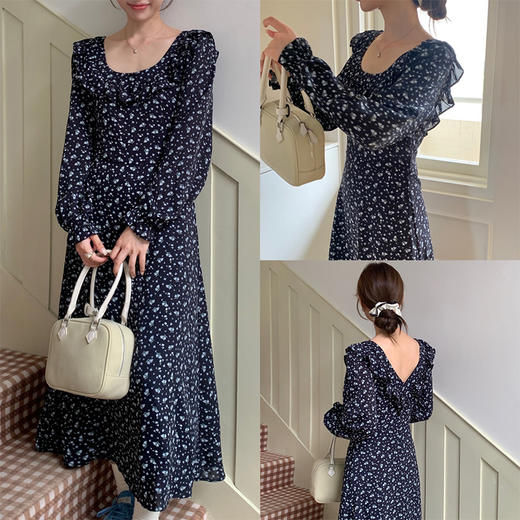 西遇碎花长袖连衣裙女新款藏蓝色法式收腰荷叶边裙子SS150077 商品图0