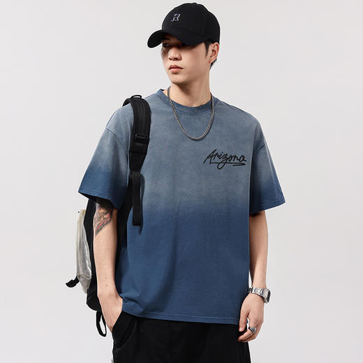 【100%棉】【DQ】大依优型大码男装染洗渐变圆领T恤男260G重磅宽松印花短袖半袖夏季新品上衣男士胖子潮流 商品图0