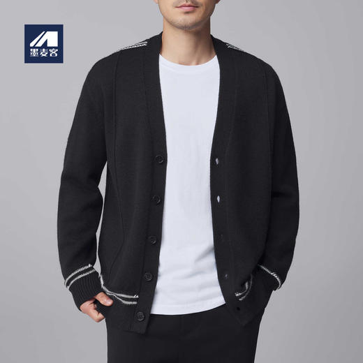 墨麦客男装2024秋冬新款加厚V领夹克男士条纹针织开衫毛衣外套。 商品图0