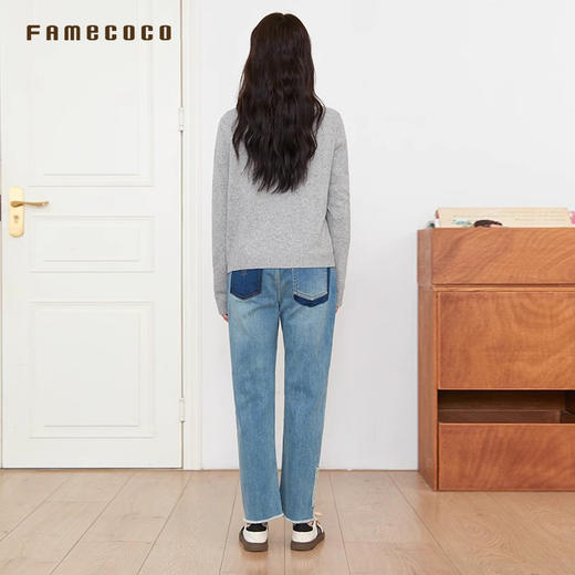 Famecoco商场同款复古水洗拼接磨毛通勤直筒牛仔裤春款FAB6GA017 商品图3