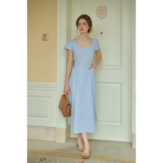 （小眠专属）SimpleRetro夏日海盐蓝 法式通勤小方领连衣裙女极简短袖a字长裙 商品图2