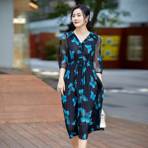 丁摩 春夏新品法式V字收腰气质花边蝴蝶印花短袖连衣裙75232 商品图2