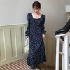 西遇碎花长袖连衣裙女新款藏蓝色法式收腰荷叶边裙子SS150077 商品缩略图1