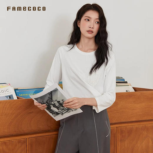 Famecoco商场同款长袖T恤纯棉内搭简约纯色百搭打底衫FAB6BB003 商品图3