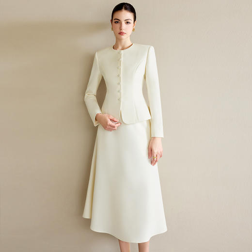 IWY/米白色职业装气质女神范套装女高端细闪银丝圆领西装正装伞裙两件套C2103-M+S2112 商品图3