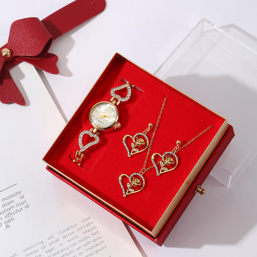 【三八女神节好礼】母亲节手表爱心礼品套装女神节三八妇女节耳钉戒指金色金属礼盒。 商品图12