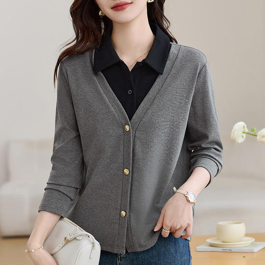 雀说翻领假两件长袖t恤女新款洋气女装polo领正肩上衣打底衫AL10047 商品图2