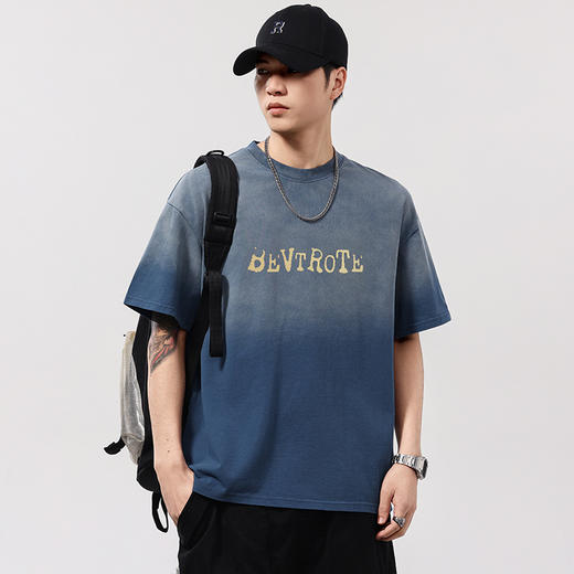 【100%棉】【DQ】大依优型大码男装重磅洗水渐变圆领T恤男宽松潮牌压花短袖半袖夏季新品纯棉上衣 商品图1