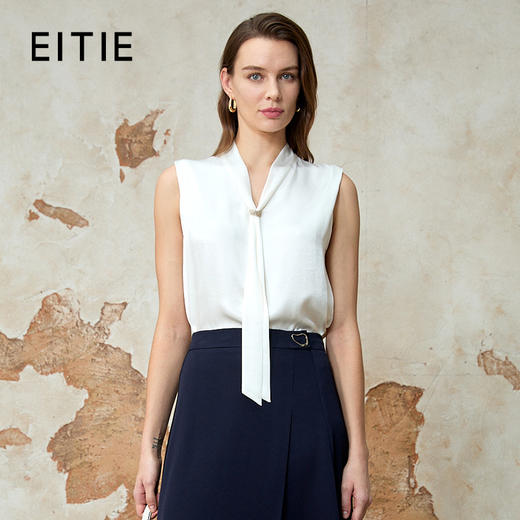 EITIE爱特爱飘带气质通勤直筒显瘦白色无袖衬衫上衣夏季新款8213927 商品图0