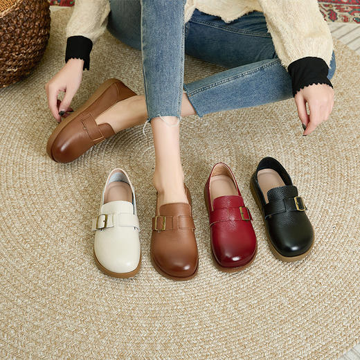 雀说头层牛皮休闲乐福鞋女复古擦色一脚蹬小皮鞋AL0992 商品图0
