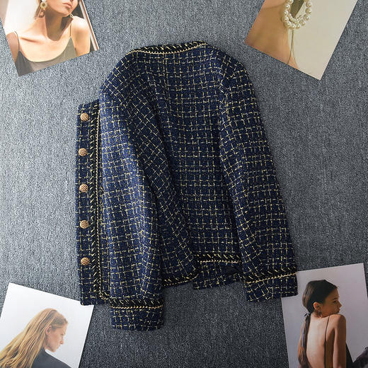 丁摩 春秋新款大码小香风外套女胖mm蓝色格子高级感粗花呢上衣200斤5ZF-23005 商品图2