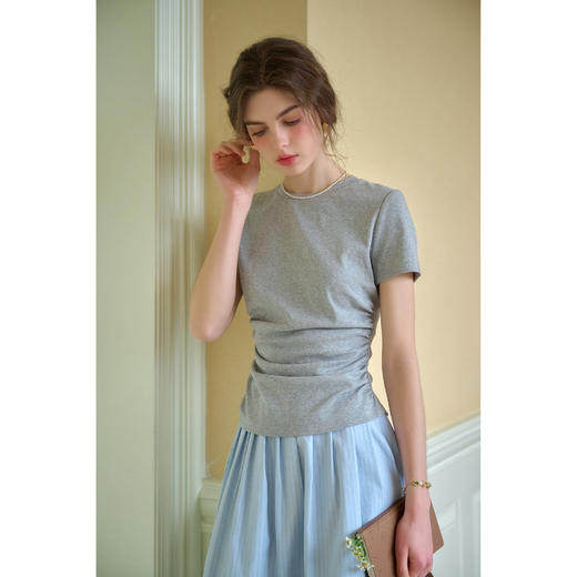 SimpleRetro可可布雷 3色腰部立体收褶短款T恤女圆领百搭显瘦上衣 商品图2