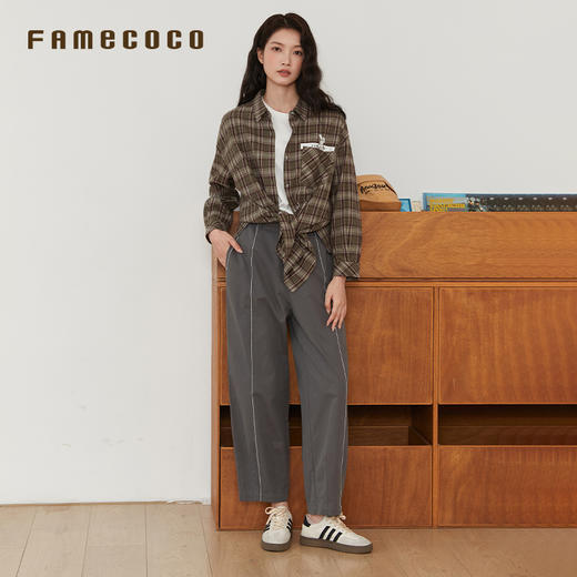 Famecoco文艺范简约立体明线棉质休闲宽松显瘦直筒裤春秋款FAB6GA014 商品图1